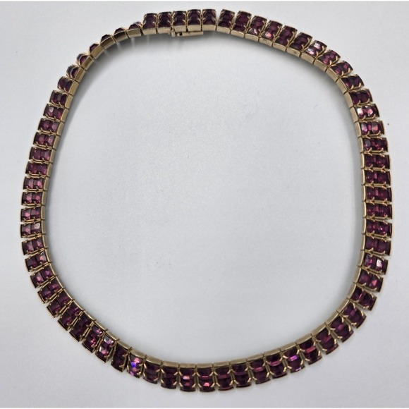 Vintage Weiss Purple Choker Necklace 1950s Rhinestone Signed 14" Gold tone - Picture 7 of 13